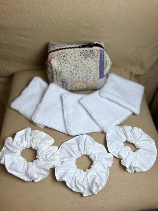 Trousse beauté éco-responsable – 5 cotons réutilisables & 3 chouchous en coton