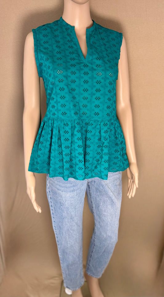 Top turquoise femme 100% coton broderie anglaise – Taille 36 | By.Clem